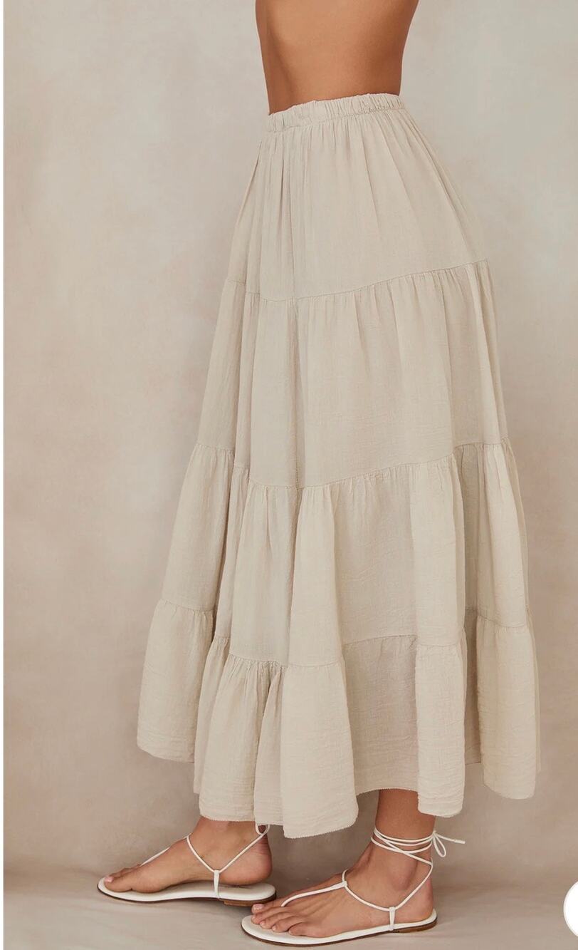 Milio-Milano Women’s Beige Cotton Gauze Tiered Maxi Skirt Size S Made in Italy